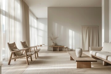 Fototapeta premium A living room with a white couch, two chairs, a coffee table, and a vase