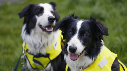 Fototapeta premium close up of working dogs, trained for specific tasks to assist their owners, yellow high viz