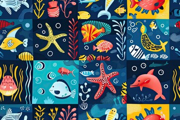 Sea life seamless patchwork pattern. Vibrant underwater life, seamless patchwork pattern with colorful mosaic of fish, starfish, coral and bubbles, perfect for sea themed design