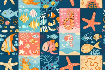 Fototapeta premium Sea life seamless patchwork pattern. Vibrant underwater life, seamless patchwork pattern with colorful mosaic of fish, starfish, coral and bubbles, perfect for sea themed design
