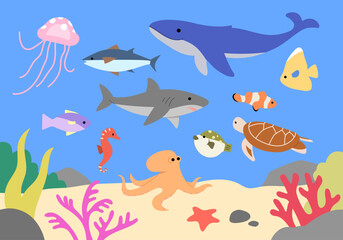 Sea animals on the ocean background. Underwater friends in sea world. Flat style vector illustration. 