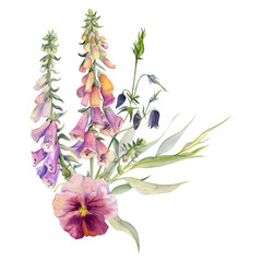 Hand drawn watercolor illustration botanical flowers leaves. Foxglove snapdragon lupin, mauve pansy viola, willow eucalyptus branches, columbine. Bouquet isolated on white. Design wedding, love cards