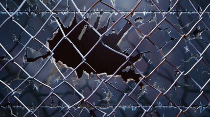 Metal mesh, steel grid, or net with holes and wire cuts in center, damaged safety border, ripped metal mesh, realistic 3D illustration of a broken wire fence.