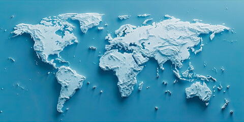 A white world map with blue background.