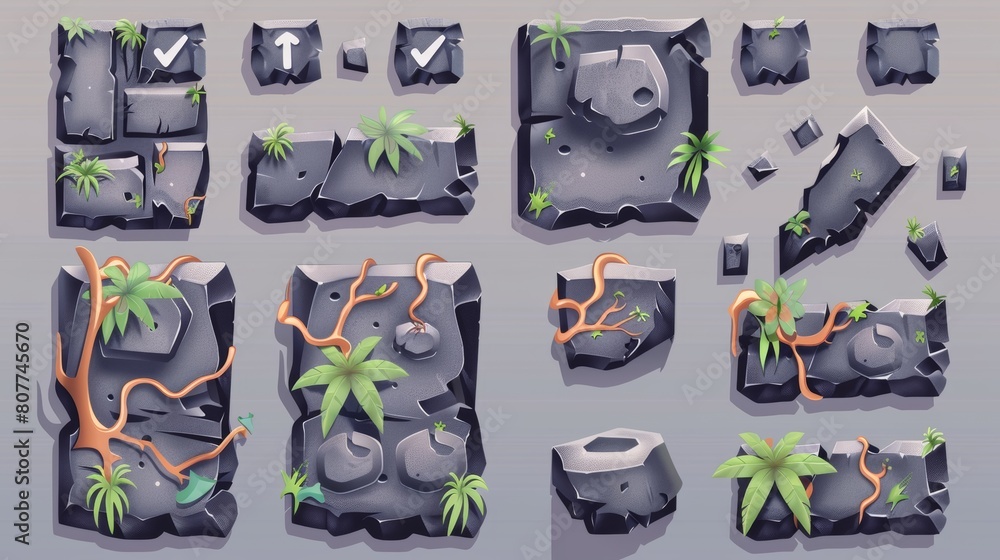 Poster ui or gui design elements. isolated user panel keys, modern set. stone game menu boards with vines. 