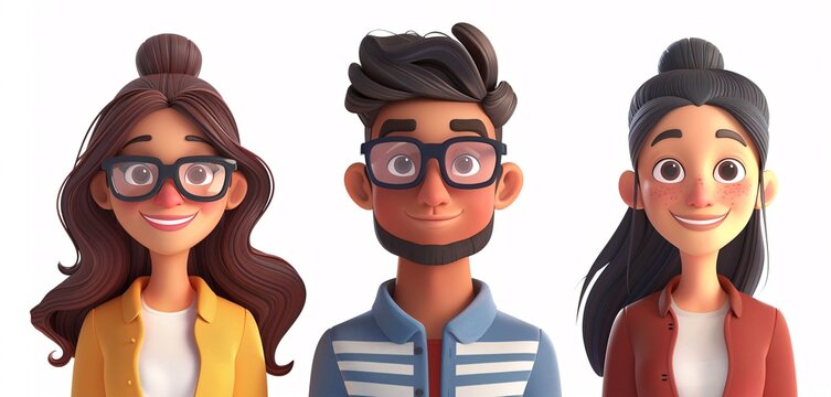 3D illustrations of cheerful individuals on a blank canvas, featuring cartoon figures of a female and male.