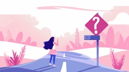 A woman with a question mark and an arrow on a road represents a person choosing the right route in career or business decisions. Modern illustration of a woman standing on a crossroads, choosing the