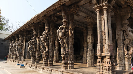 Beautifully Carved Pillars with Horses and Warriors of Sri Jalakandeswarar Temple, 16th Century...