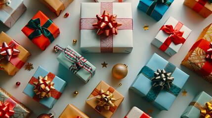 Many colorful gift boxes are arranged on a white surface.
