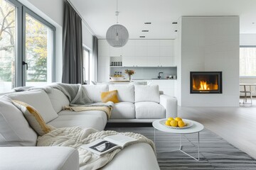 style living room interior with white walls