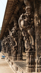 Beautifully Carved Pillars with Horses and Warriors of Sri Jalakandeswarar Temple, 16th Century Lord Shiva Temple, Vellore Fort, Vellore, Tamil Nadu, India.