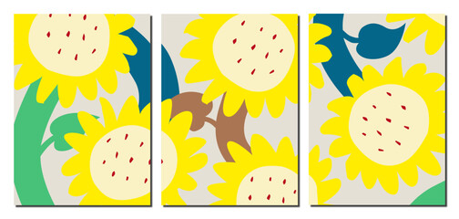 A series of three yellow sunflower vector design for wall deco and frame, each color can be easily changed.