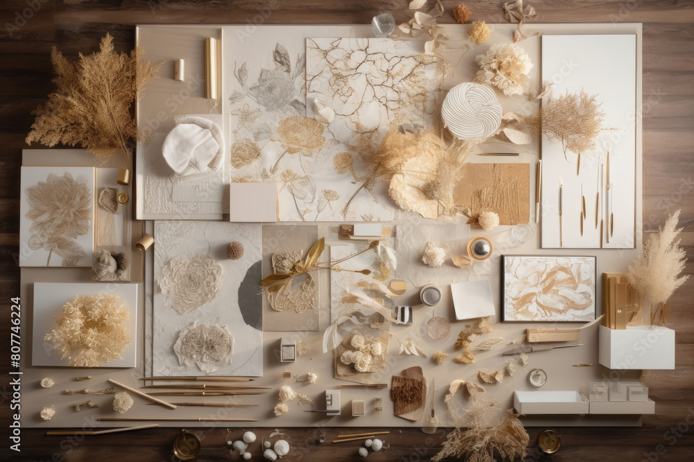 Poster a variety of different items arranged neatly on a wooden table, creating a cluttered yet organized s