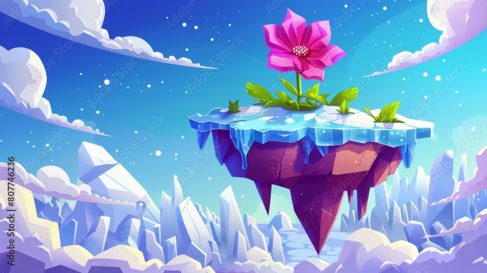 Aufkleber the flower is positioned on a flying island platform with ice floating in it, and a beautiful abstra