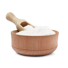 Natural salt in wooden bowl and scoop on white background