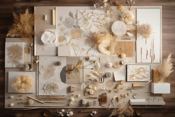 A variety of different items arranged neatly on a wooden table, creating a cluttered yet organized scene