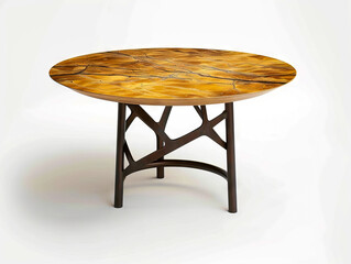 A round table with a wood top and metal legs.
