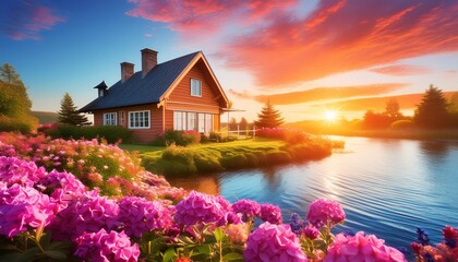 Idyllic lakeside home bathed in sunset hues, surrounded by lush pink and purple gardens.