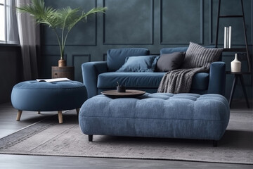 A modern living room featuring a blue couch and ottoman, creating a contemporary and inviting space