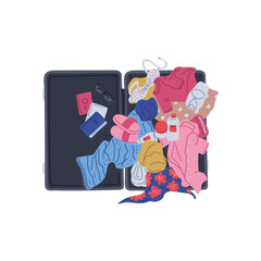 Vector icon of an open suitcase with a set of clothes: sunscreen accessories on a white background