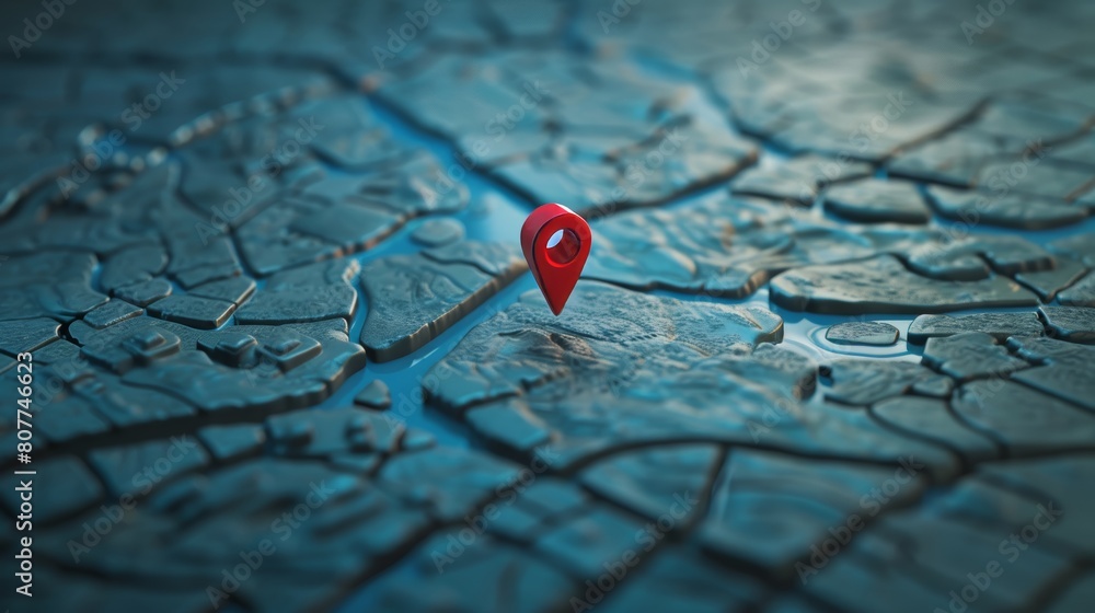 Poster red location pin on map with route line on blue background. gps direction symbol, navigation icon, t