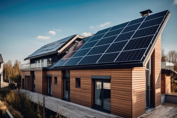 Fototapeta premium A contemporary house with a sleek solar panel installation on its roof, harnessing renewable energy from the sun