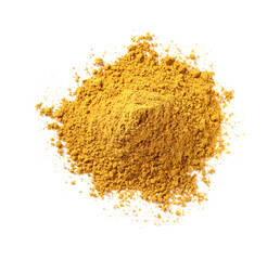Pile of dry curry powder isolated on white, top view