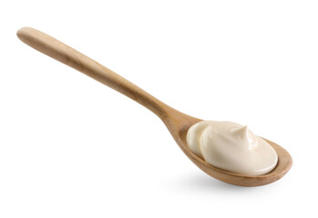 Natural yogurt in wooden spoon isolated on white