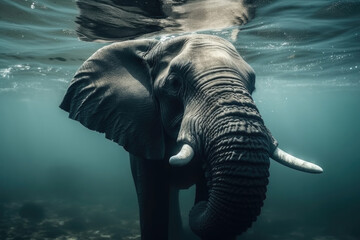 A large elephant gracefully swims beneath the surface of the ocean