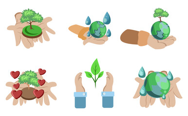 hands protecting and maintaining earth illustrations set