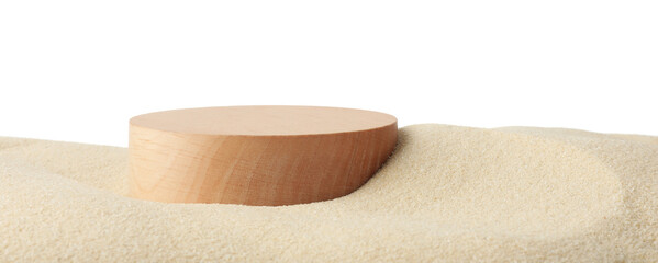 Presentation of product. Wooden podium on sand against white background. Space for text