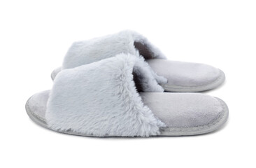 Pair of soft slippers with fur isolated on white