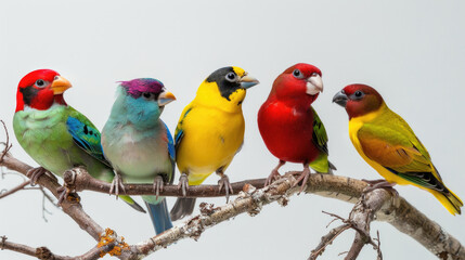 A group of vibrant birds with different colors are perched on a tree branch