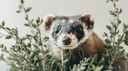 A ferret stands alert in a bush, gazing directly at the camera with curiosity