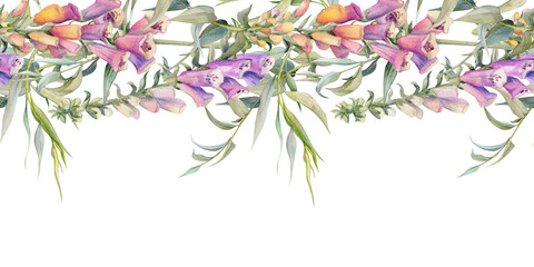 Hand drawn watercolor illustration shabby boho botanical flowers leaves. Willow eucalyptus branch, foxglove snapdragon lupin. Seamless banner isolated on white background. Design wedding, love cards © Elena