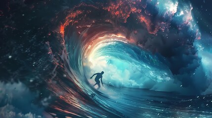 colorful surfboard surfing on a huge tsunami illustration poster background