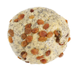 Raw dough with poppy seeds and raisins isolated on white, top view