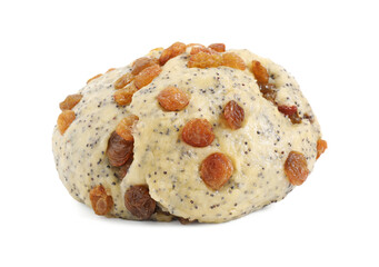 Raw dough with poppy seeds and raisins isolated on white