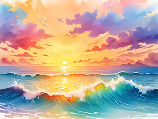 Watercolor painting of sunset in the ocean. full of life and a variety of colors surf The sky was ablaze with colors.