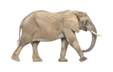 An elephant is walking on a plain white background, showcasing its massive size and strength