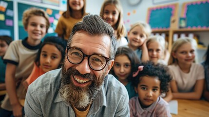 Fototapeta premium Smiling cheerful caucasian male teacher in a classroom with Indian kids wearing reading glasses at teacher's day