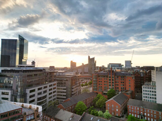 Aerial View of Great Manchester City Centre and Tall Buildings During Golden Hour of Sunset. May 5th, 2024