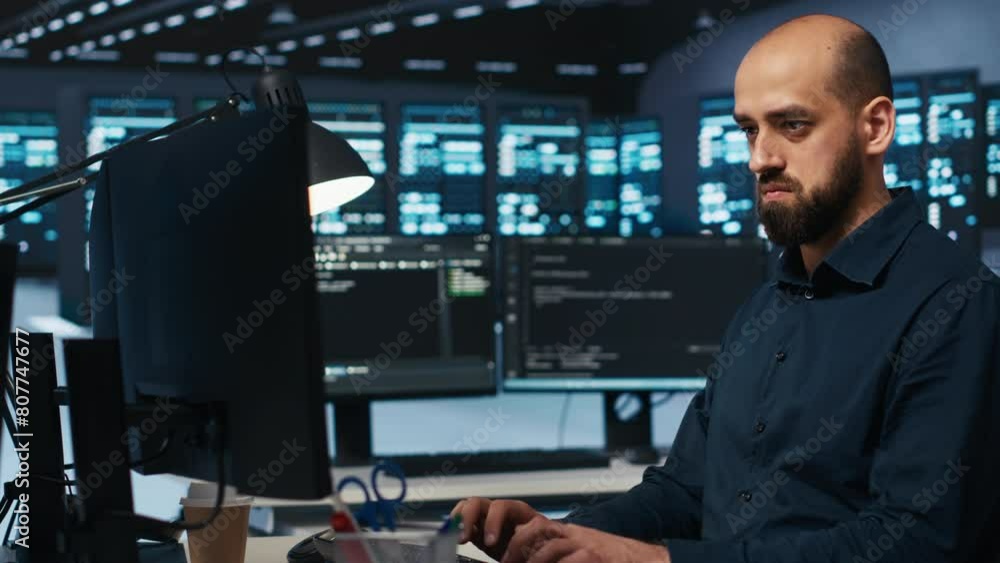 Poster system administrator working in computer network security data center, ensuring optimal performance.