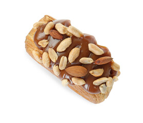 Round croissant with chocolate paste and nuts isolated on white, top view. Tasty puff pastry