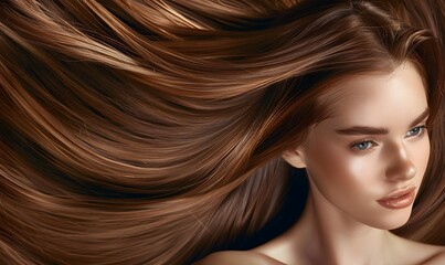 girl with shiny brown smooth healthy hair with long straight and glowing, Generative AI