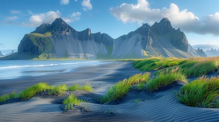 Fototapeta premium Black sand dunes on the Stokksnes headland on southeastern Icelandic coast 