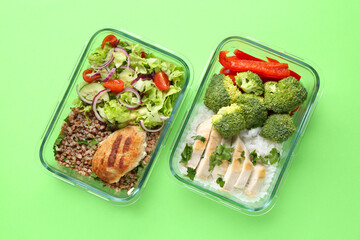 Healthy food. Different meals in glass containers on green background, top view