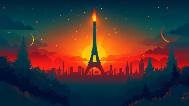 a flat illustration of the silhouette of Eiffel Tower in the morning and an olympic torch, vector, vibrant colors on light beige background 