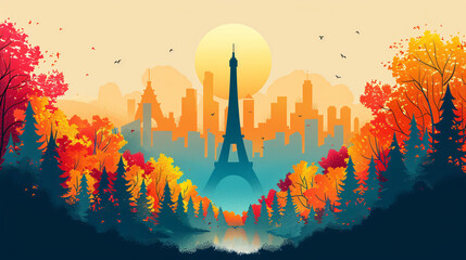 a flat illustration of the silhouette of Eiffel Tower in the morning and an olympic torch, vector, vibrant colors on light beige background 