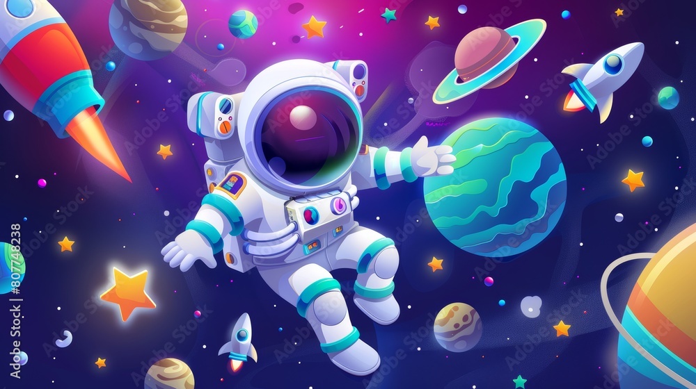 Poster symbol of cosmonaut character floating among cosmic objects, wearing spacesuit and helmet, exploring